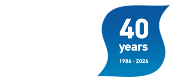 EBU 40th anniversary logo, the standard EBU blue eye logo and strapline 'the voice of blind and partially sighted people in Europe', with a blue panel on the right containing the text '40 years - 1984-2024'