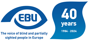 EBU 40th anniversary logo, the standard EBU blue eye logo and strapline the voice of blind and partially sighted people in Europe, with a blue panel on the right containing the text 40 years - 1984-2024. Go to Homepage
