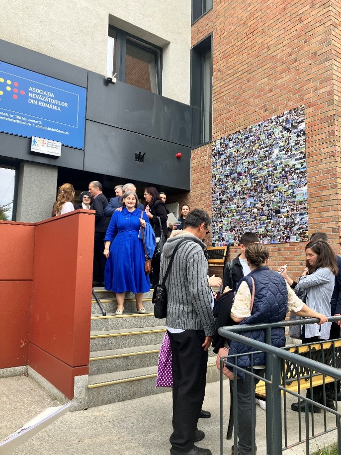 Guests and participants outside the headquarters of the Romanian Association of the Blind