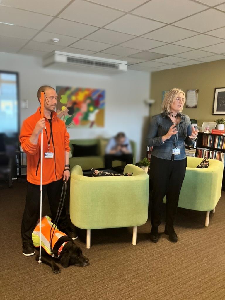 Director, Elfa Svanhildur Hermannsdóttir, and Assistive Technology Advisor, and Þorkell Steindal (with his dog “Dude” at the Blind Institute)