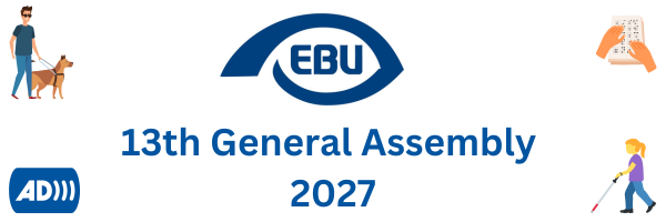 EBU (European Blind Union) logo above the text '13th General Assembly 2027', surrounded by illustrations representing accessibility: a person walking with a guide dog, a hand reading Braille, an audio description (AD) symbol, and a person using a white cane.