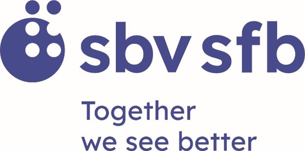 Blue logo of SBV SFB on a light background. On the left, a stylised icon shows three circular shapes suggesting people grouped together, with one larger circle partially “bitten” or opened on the side. To the right appears the text “sbv sfb” in lowercase blue letters. Beneath it, the tagline reads: “Together we see better.”