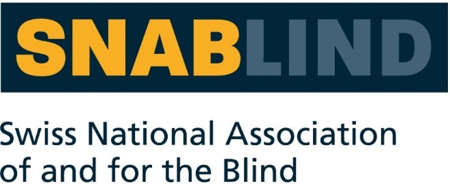 Logo of SNAB LIND – Swiss National Association of and for the Blind. The word "SNAB" appears in bold yellow letters on a dark navy background, followed by "LIND" in grey. Below the logo block, the full name is written in dark text: "Swiss National Association of and for the Blind."