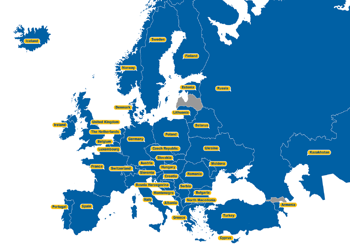 A map of continental Europe in dark blue with light blue borders, EBU member countries are displayed in yellow boxes, the name written in blue 