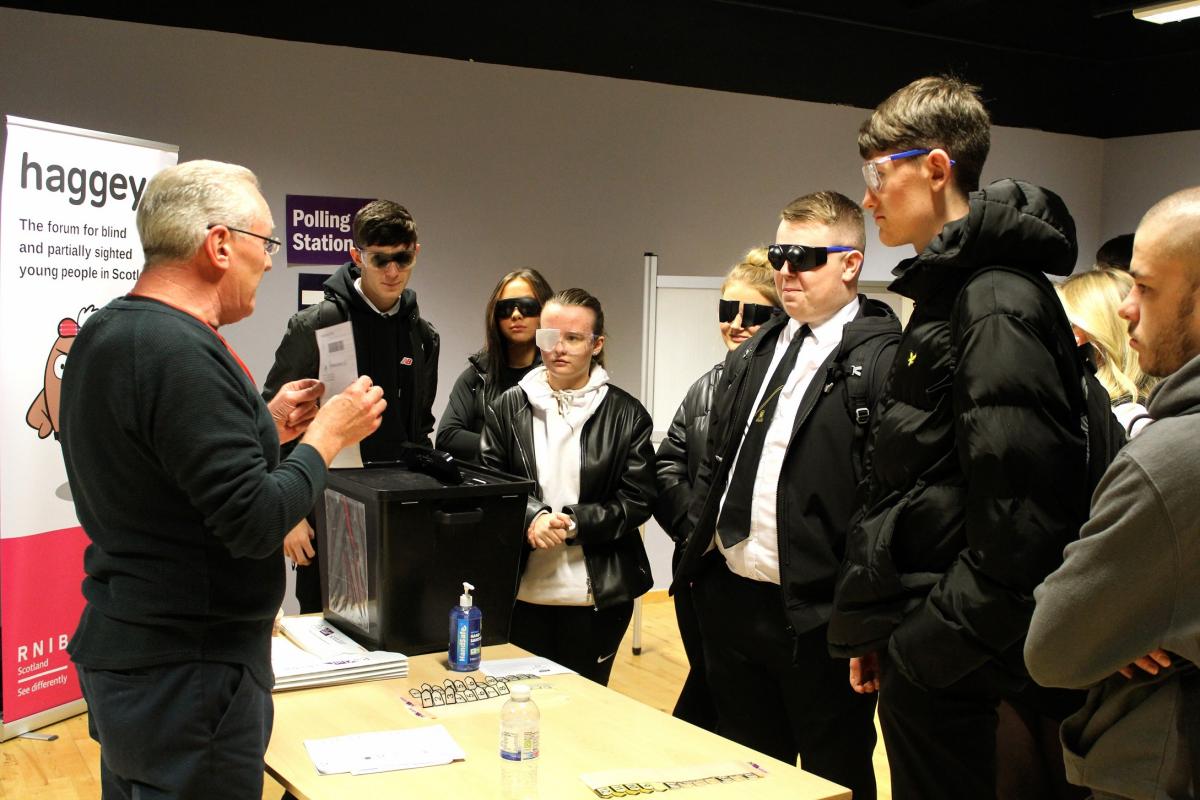 Modern Studies pupils wearing simulation specs