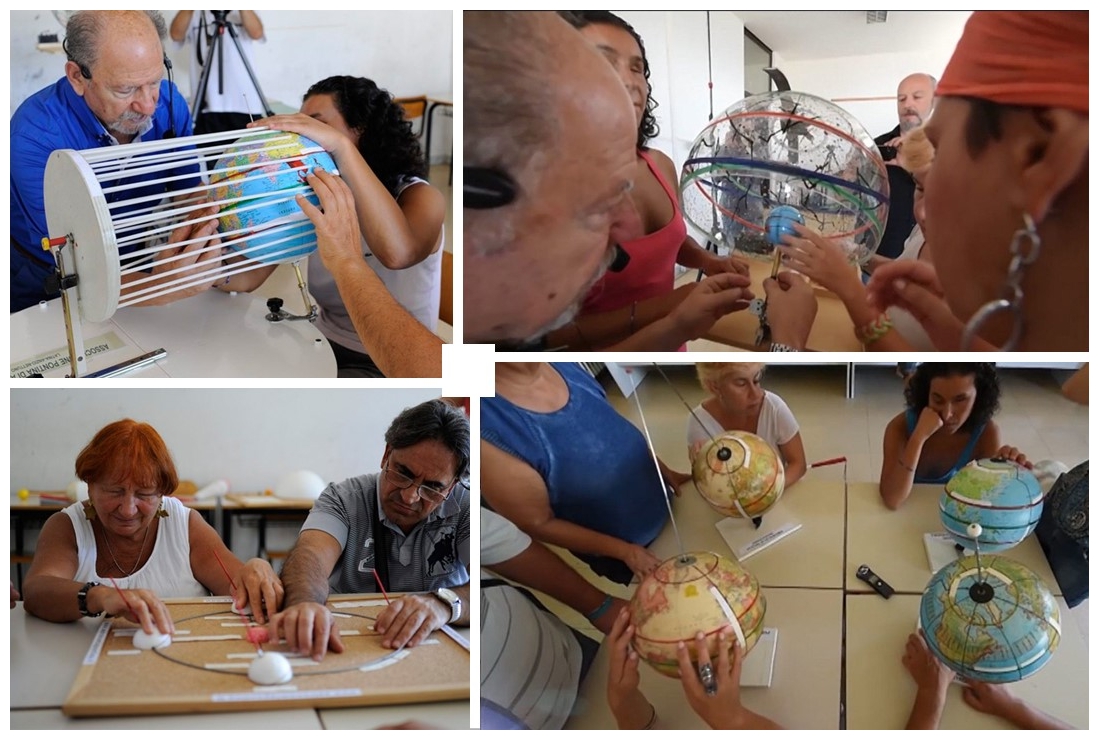 Blind people exploring 3D models during an inclusive astronomy class. Top left: A model explaining Earth’s seasons reproduces the Sun rays reaching Earth at different angles at different times of the year. The Earth is represented by a 26 cm rotating globe, with the Sun's rays represented 30 parallel, equally spaced rods that touch the edge of the globe. Top right: A small sphere representing Earth, inside and a large hollow sphere representing the starry sky, demonstrates the apparent motions of the sky due to Earth’s daily rotation. Bottom right: Four students, each with their own model consisting of a 26 cm Earth globe with tactile lines representing the equator, tropics, and polar circles. Bottom left: Earth's position at four times during its annual revolution around the Sun.