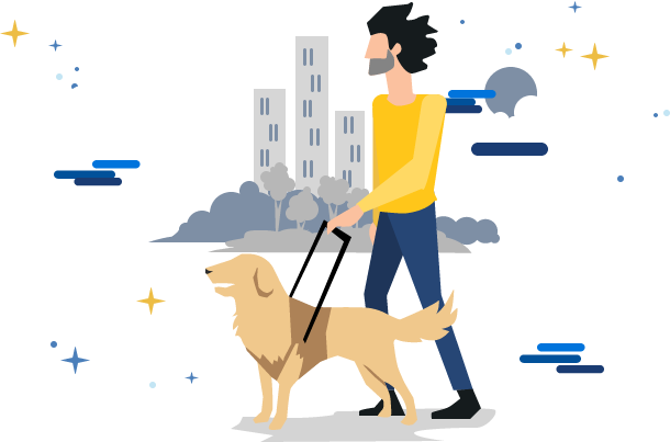 illustrative drawing of man with guide dog